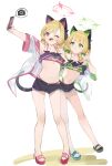  2girls ;d absurdres alternate_costume animal_ears arm_up asymmetrical_footwear bangs bikini blonde_hair blue_archive cat_ears cat_tail closed_mouth commentary_request fake_animal_ears full_body green_eyes hair_ribbon halo hand_up headphones highres holding holding_phone midori_(blue_archive) mimizuku_(mmiganaru) mismatched_footwear momoi_(blue_archive) multiple_girls navel one_eye_closed open_mouth outstretched_arm parted_bangs phone pink_eyes ribbon selfie short_hair short_shorts shorts siblings sidelocks simple_background sisters sleeveless smile standing stomach striped striped_bikini swimsuit tail tress_ribbon twins v white_background 