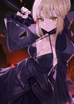  1girl artoria_pendragon_(fate) bangs black_bow black_dress blonde_hair bow breasts closed_mouth dress excalibur_morgan_(fate) fate/grand_order fate_(series) hair_bow highres holding holding_sword holding_weapon long_sleeves looking_at_viewer medium_breasts red_eyes saber_alter shong0127 short_hair simple_background solo sword weapon 
