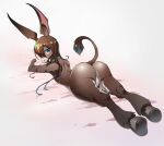 2019 alternate_species alternate_version_at_source amiya_(arknights) anthro arknights asinus bed big_butt blue_eyes bodily_fluids brown_body brown_fur brown_hair butt collar collar_only donkey equid equine female flat_chested fur furniture furrification genital_fluids genitals hair hi_res hooves hypergryph kaorukanon long_ears looking_back lying mammal mouthless nude on_bed on_front pussy pussy_juice raised_tail solo studio_montagne video_games 