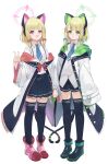  2girls :d absurdres animal_ears bangs blonde_hair blue_archive blunt_bangs cat_ears cat_tail collared_shirt commentary_request fake_animal_ears full_body green_eyes halo headphones highres holding_hands hooded_coat long_sleeves looking_at_viewer midori_(blue_archive) mimizuku_(mmiganaru) momoi_(blue_archive) multiple_girls necktie parted_bangs pleated_skirt purple_eyes school_uniform shirt short_hair short_shorts shorts siblings sidelocks simple_background skirt smile standing suspender_skirt suspenders tail twins v white_background zettai_ryouiki 