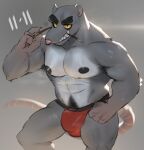  abs anthro bulge clothing eyebrows food fur grey_background grey_body grey_fur grin hi_res huzzhuz jockstrap jockstrap_only male mammal murid murine nipples orvar_linden pecs pocky pocky_in_mouth pubes rat rodent simple_background smile solo teeth thick_eyebrows underwear yellow_eyes 