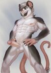  abs anthro balls black_tongue claws didelphid ear_piercing erection fur genitals grey_body grey_fur hands_on_hips heterochromia hi_res humanoid_genitalia humanoid_penis lion21 male mammal marsupial muscular muscular_anthro muscular_male nipple_piercing nipples nude penis piercing sharp_teeth simple_background solo teeth tongue tongue_out white_body white_fur 