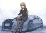  1girl bangs black_jacket black_pantyhose black_scarf blazer blonde_hair blue_eyes breasts car cleavage earrings grey_choker ground_vehicle head_tilt hi_fumiyo highres jacket jewelry long_hair looking_at_viewer medium_breasts motor_vehicle on_vehicle open_mouth original pantyhose personification scarf sitting sketch solo toyota toyota_crown traditional_media vehicle_focus very_long_hair white_background 