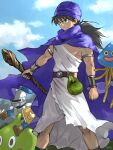  1boy belt black_hair blue_sky bracelet cape closed_mouth cloud cloudy_sky dragon_quest dragon_quest_v hero_(dq5) hoimi_slime holding holding_shield holding_staff holding_sword holding_weapon jewelry knight long_hair low_ponytail monster o_tomo serious shield sitting sky slime_(creature) slime_knight staff standing sword turban weapon 