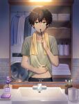  1boy absurdres andb23 black_pants blue_shirt brown_hair clothes_lift glass green_eyes green_shirt hair_between_eyes highres hyouka male_focus midriff mirror open_mouth oreki_houtarou pants scratching_stomach shampoo shirt shirt_lift short_hair soap solo stomach toothbrush toothbrush_in_mouth towel towel_around_neck washing_machine white_shirt 