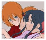  1boy 1girl aruhino blue_eyes blue_hair blush hair_ribbon himura_kenshin japanese_clothes kamiya_kaoru kimono long_hair looking_at_another orange_hair pink_kimono pink_ribbon ponytail red_kimono ribbon rurouni_kenshin scar scar_on_cheek scar_on_face sidelocks simple_background upper_body 