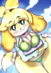  absurd_res animal_crossing anthro apsel_bluestar big_breasts bikini blush bottomwear breasts camel_toe canid canine canis cleavage clothed clothing cloud digital_media_(artwork) domestic_dog female fingers fur green_bikini green_clothing green_eyes green_swimwear hair hi_res isabelle_(animal_crossing) looking_at_viewer mammal nintendo open_clothing open_shirt open_topwear outside shih_tzu shirt sky smile smiling_at_viewer solo swimwear thick_thighs topwear toy_dog video_games yellow_body yellow_fur 