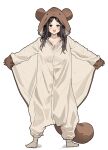  1girl :d absurdres breasts brown_eyes brown_hair chroong cleavage commentary_request flying_squirrel_costume full_body highres korean_commentary long_hair looking_at_viewer open_mouth original simple_background smile solo standing white_background 