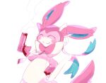  ^_^ ambiguous_gender anthro blue_body blush bow_ribbon cosith eeveelution eyes_closed generation_6_pokemon gun half-length_portrait hand_on_hip holding_gun holding_object holding_weapon nintendo pink_body pokemon pokemon_(species) portrait ranged_weapon ribbons simple_background smile smoking_gun solo standing sylveon video_games weapon white_background white_body 