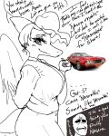  anon_(snoot_game) anthro car clothed clothing cringing crossgender dialogue duo english_text feathered_wings feathers female goodbye_volcano_high hair half_shaved_head hi_res human long_snout looking_at_viewer male mammal monochrome naser_(gvh) pterodactylus pterosaur reptile scalie side_view sketch snoot_game_(fan_game) snout text unknown_artist vehicle video_games wings 