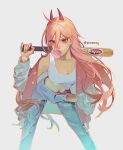  1girl baseball_bat breasts bubble_blowing chainsaw_man chewing_gum cowlick crop_top hair_between_eyes hand_in_pocket highres holding holding_weapon horns leaning_forward long_hair looking_at_viewer medium_breasts midriff orange_eyes phoneafrog pink_hair power_(chainsaw_man) red_horns simple_background solo twitter_username weapon white_background 