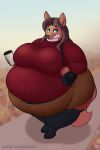  2022 absolute_territory anthro artist_name belt belt_buckle big_breasts black_clothing black_legwear black_nose black_thigh_highs blue_eyes bottomwear breasts brown_body brown_bottomwear brown_clothing brown_fur brown_hair brown_skirt canid canine clothing coffee_cup colored container cup day digital_media_(artwork) female fox fur hair heftyhorsehostler hi_res high-angle_view huge_breasts legwear long_hair looking_at_viewer mammal monotone_hair morbidly_obese morbidly_obese_anthro morbidly_obese_female multicolored_body multicolored_fur obese obese_anthro obese_female outside overweight overweight_anthro overweight_female purse red_clothing red_sweater red_topwear shaded skirt smile solo standing sweater thick_thighs thigh_highs topwear two_tone_body two_tone_fur white_body white_fur wide_hips 