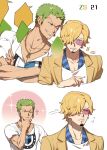  2boys blonde_hair blush collared_shirt cropped_torso curly_eyebrows facial_hair fuchio goatee green_hair hair_over_one_eye highres male_focus motion_lines multiple_boys one_piece pectoral_cleavage pectorals roronoa_zoro sanji_(one_piece) scar scar_across_eye shirt short_hair sparkle sunglasses thinking toned toned_male yaoi 