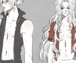  1boy 1girl aerith_gainsborough bangs bare_arms bare_shoulders breasts cleavage cloud_strife final_fantasy final_fantasy_vii final_fantasy_vii_advent_children grey_background grey_shirt hair_between_eyes high_collar jacket limited_palette long_hair looking_down looking_to_the_side medium_breasts navel no_bra open_clothes open_jacket open_shirt panties parted_bangs poffg_7 red_jacket scar scar_on_chest scar_on_stomach shirt short_hair short_sleeves sidelocks sleeveless sleeveless_shirt smile spiked_hair spot_color toned toned_male underboob underwear upper_body wavy_hair white_panties 