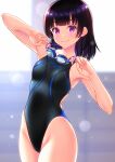  1girl arm_up armpits bare_arms bare_shoulders black_one-piece_swimsuit blush breasts closed_mouth collarbone competition_swimsuit cowboy_shot goggles goggles_around_neck highres kuri_(kurigohan) lens_flare looking_at_viewer medium_breasts one-piece_swimsuit original purple_eyes short_hair smile solo swimsuit 