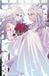  1boy 1girl alternate_costume alternate_hairstyle artist_name bangs bare_shoulders bouquet bridal_veil carrying carrying_person choker collarbone collared_shirt commentary_request couple dress fate/grand_order fate_(series) flower formal grey_hair grin hair_between_eyes hair_flower hair_ornament hetero highres holding holding_bouquet husband_and_wife kriemhild_(fate) long_hair looking_at_another meiji_ken necktie pants princess_carry profile red_flower red_rose rose shirt short_ponytail siegfried_(fate) sleeveless sleeveless_dress smile strapless strapless_dress suit veil wedding_dress white_choker white_dress white_flower white_necktie white_pants white_rose white_shirt white_suit 