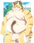  2022 absurd_res anthro balls belly big_belly blush felid flaccid genitals hi_res hitachi_(tamacolle) humanoid_genitalia humanoid_hands humanoid_penis ibuki_haruno kemono male mammal moobs nipples overweight overweight_male pantherine penis solo tamacolle tiger 