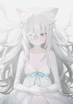  1girl animal_ear_fluff animal_ears bandaged_arm bandages bangs bare_shoulders blue_bow blue_eyes bow bridal_gauntlets cat_ears closed_mouth commentary_request dress flower grey_background grey_hair hair_flower hair_ornament hair_over_one_eye long_hair looking_at_viewer narusegawa_riko original simple_background sleeveless sleeveless_dress solo veil very_long_hair white_dress white_flower 