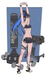  1girl armband arms_up blue_eyes blue_hair high_ponytail highres instant_ip long_hair midriff multiple_scars navel one_eye_closed original ponytail scar shorts solo sports_bra taped_fingers weights 