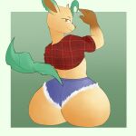  absurd_res ambiguous_gender anthro big_butt bottomwear butt clothing crop_top cutoffs denim denim_clothing eeveelution elemental_creature flora_fauna generation_4_pokemon hi_res hotpants i_will_dance_only_if_the_beat_is_funky leafeon looking_at_viewer looking_back nintendo pattern_clothing plaid plaid_clothing plant pokemon pokemon_(species) raised_arm shirt shorts simple_background smile solo topwear video_games 