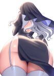  1girl absurdres ass ass_focus back_cutout clothing_cutout commentary_request curly_hair from_behind from_below garter_straps habit highres huge_ass long_hair nun original pelvic_curtain sakura_shiho simple_background skindentation solo thigh_gap thighhighs thighs white_background white_hair wide_hips 