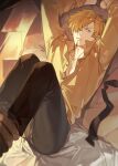  1boy bdsm blonde_hair bondage bound bound_ankles bound_wrists collared_shirt curly_eyebrows facial_hair fuchio goatee hair_over_one_eye highres looking_at_viewer lying male_focus on_back one_piece sanji_(one_piece) shirt short_hair solo undone_necktie 