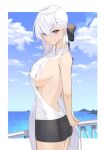  arms_behind_back azur_lane backless_shirt bangs bare_back bare_shoulders belfast_(azur_lane) black_bow black_shorts blue_sky border bow braid breasts cloud collared_shirt cowboy_shot day from_side grin hair_between_eyes hair_bow large_breasts long_hair looking_at_viewer looking_to_the_side lordol outdoors outside_border own_hands_together purple_eyes shirt short_shorts shorts sideboob sky sleeveless sleeveless_shirt smile standing very_long_hair water white_border white_hair white_shirt 
