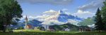  absurdres bell_tower building church cloud cloudy_sky commentary day english_commentary grass highres mountain mountainous_horizon nature no_humans original outdoors philipp_urlich scenery sky tree village wide_shot 