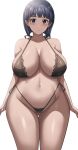 1girl absurdres arms_at_sides ass_visible_through_thighs bangs bikini black_bikini black_hair blue_eyes blunt_bangs blush breasts cleavage closed_mouth collarbone commentary_request curvy hair_ornament hairclip highleg highleg_bikini highres jasony kirigaya_suguha large_breasts looking_at_viewer micro_bikini navel shiny shiny_skin simple_background smile solo standing stomach swimsuit sword_art_online thigh_gap white_background wide_hips 