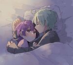  1boy 1girl bernadetta_von_varley blush byleth_(fire_emblem) byleth_(fire_emblem)_(male) closed_eyes cuddling fire_emblem fire_emblem:_three_houses looking_at_another lying on_bed on_side pillow purple_eyes purple_hair tefutene under_covers watermark 