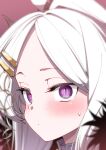  1girl ahoge blue_archive blush close-up closed_mouth fur_trim hair_ornament hairclip highres hina_(blue_archive) hitotose_rin horns long_hair looking_at_viewer portrait purple_eyes slit_pupils solo sweatdrop white_hair 