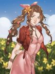  1girl aerith_gainsborough arm_behind_back artist_name bangle bangs bracelet braid braided_ponytail breasts brown_hair choker cleavage cowboy_shot cropped_jacket dress field final_fantasy final_fantasy_vii final_fantasy_vii_remake flower flower_choker flower_field green_eyes hair_flower hair_ornament hair_ribbon highres jacket jewelry lily_(flower) long_dress long_hair looking_at_viewer medium_breasts nature outdoors parted_bangs pink_dress pink_flower pink_ribbon red_jacket ribbon short_sleeves sidelocks smile solo tumblr_username white_flower xin_(cveol) yellow_flower 