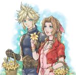  1boy 1girl aerith_gainsborough aqua_eyes armor bangle bangs basket belt blonde_hair blue_pants blue_shirt bracelet braid braided_ponytail breasts brown_belt brown_gloves brown_hair choker cleavage cloud_strife cowboy_shot cropped_jacket dress earrings final_fantasy final_fantasy_vii final_fantasy_vii_remake flower flower_basket flower_choker gloves green_eyes hair_ribbon holding holding_basket holding_flower jacket jewelry long_hair looking_at_another multiple_belts open_mouth outdoors pants parted_bangs pink_dress pink_ribbon red_jacket ribbon sharp_teeth shirt short_hair short_sleeves shoulder_armor sidelocks single_bare_shoulder single_earring sleeveless sleeveless_turtleneck smile suspenders teeth turtleneck twitter_username upper_teeth wavy_hair yellow_flower you_(blacknwhite) 