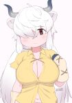  1girl animal_ear_fluff animal_ears bangs breasts brown_eyes bursting_breasts cleavage commentary extra_ears gloves hair_over_one_eye highres horns kemono_friends large_breasts long_hair looking_at_viewer low_twintails masuyama_ryou midriff_peek navel one_eye_covered ox_ears ox_girl ox_horns short_sleeves simple_background smile solo twintails upper_body very_long_hair white_background white_hair yak_(kemono_friends) 