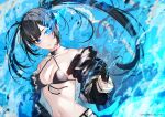  1girl bare_shoulders belt bikini bikini_top_only black_bikini black_choker black_gloves black_hair black_jacket black_rock_shooter black_rock_shooter_(character) black_rock_shooter_fragment blue_eyes breasts choker collarbone front-tie_bikini_top front-tie_top gloves glowing glowing_eye highres jacket kayahara long_hair long_sleeves looking_at_viewer navel off_shoulder open_clothes open_jacket parted_lips small_breasts solo stomach string_bikini swimsuit twintails upper_body 