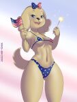  2022 4th_of_july accessory aged_up anne_kennel anthro bikini black_nose blue_eyes bow_ribbon breasts canid canine canis clothed clothing digital_media_(artwork) domestic_dog eyebrows female fingers flag fluffy fluffy_hair hair hair_accessory hair_bow hair_ribbon hi_res holding_flag holding_object looking_at_viewer mammal mr-shin navel open_mouth ribbons skimpy_bikini small_breasts smile smiling_at_viewer solo standing stars_and_stripes swimwear tan_body teeth tongue united_states_of_america 