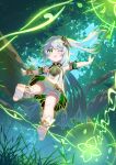  1girl ;d armpits bangs bloomers blue_sky blurry bracelet cape commentary_request depth_of_field detached_sleeves forest from_below genshin_impact gradient_hair hair_between_eyes hair_ornament highres jewelry kana_ami long_hair looking_at_viewer looking_down multicolored_hair nahida_(genshin_impact) nature one_eye_closed outstretched_arms pointy_ears short_sleeves side_ponytail sidelocks sky smile soles solo spread_arms stirrup_legwear symbol-shaped_pupils toeless_legwear toes tree underwear 