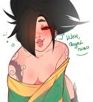  1girl akali bangs bare_shoulders black_eyes black_hair blush breasts cleavage collarbone drunk green_kimono hair_over_one_eye ilwha japanese_clothes kimono league_of_legends long_hair medium_breasts ponytail saliva shiny shiny_skin shoulder_tattoo solo speech_bubble tattoo translation_request weapon 