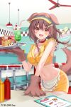  1girl :3 :d animal_collar animal_ears animal_hands apron bangs bone_hair_ornament braid breasts brown_eyes brown_hair cartoon_bone cleavage collar crop_top cup dog_ears dog_girl dog_tail drinking_glass drinking_straw fangs frilled_apron frills fukahire_(ruinon) gloves hair_between_eyes hair_ornament hand_on_table holding holding_tray hololive indoors inugami_korone ketchup_bottle large_breasts looking_at_viewer low_twin_braids mustard_bottle navel open_mouth paw_gloves red_collar shirt sidelocks skirt smile solo spiked_collar spikes stomach tail tray twin_braids virtual_youtuber visor_cap waist_apron yellow_headwear yellow_shirt yellow_skirt 