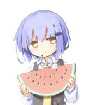  1girl :o bangs black_vest blue_hair blush collared_shirt commentary_request eating eyes_visible_through_hair food food_bite food_on_face fruit hair_ornament hairclip half-closed_eyes hands_up highres holding holding_food holding_fruit long_sleeves looking_at_viewer looking_to_the_side necktie no_nose no_pupils original parted_lips puffy_long_sleeves puffy_sleeves shirt short_hair simple_background solo thick_eyelashes upper_body vest w_arms watermelon watermelon_seeds watermelon_slice white_background white_shirt wing_collar yellow_eyes yellow_necktie ymnhsi 