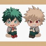  2boys bakugou_katsuki blonde_hair boku_no_hero_academia bright_pupils brown_footwear chibi collared_shirt commentary_request freckles gaagyeo green_eyes green_hair green_pants grey_jacket grin hands_on_own_knees highres jacket knees_up korean_commentary letterboxed long_sleeves looking_at_viewer male_focus midoriya_izuku multiple_boys necktie open_mouth pants red_eyes red_footwear red_necktie school_uniform shirt shoes short_hair simple_background smile spiked_hair standing teeth u.a._school_uniform white_background white_pupils white_shirt 
