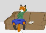  anthro bottomwear canid canine clothing eyes_closed fox fox_tail furniture furrykite hi_res hoodie male mammal pants relaxing shaded simple_background simple_shading sketch sofa solo topwear waft 
