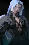  1boy 9yoqkp0sjtyzxoc absurdres armor bangs bishounen black_jacket blue_hair chest_strap cowboy_shot final_fantasy final_fantasy_vii green_eyes high_collar highres jacket long_bangs long_hair long_sleeves looking_at_viewer male_focus open_clothes open_collar open_jacket parted_bangs sephiroth shoulder_armor slit_pupils smile solo toned toned_male 