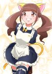  absurdres alternate_costume animal_ears animal_print apron black_dress black_thighhighs breasts brown_eyes brown_hair dress enmaided fake_animal_ears fake_tail frilled_apron frilled_dress frills healin&#039;_good_precure highres hiramitsu_hinata looking_at_viewer maid maid_apron on_kazu open_mouth precure puffy_short_sleeves puffy_sleeves short_sleeves small_breasts smile standing standing_on_one_leg starry_background tail thighhighs tiger_print tiger_tail twintails white_apron yellow_background 