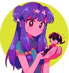  1boy 1girl bell black_footwear blush bow chinese_clothes hair_bell hair_ornament highres holding menma_(enaic31) open_mouth purple_hair ranma_1/2 red_eyes saotome_ranma shampoo_(ranma_1/2) size_difference smile white_bow 