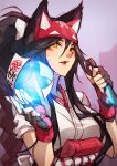  1girl :o ahri_(league_of_legends) animal_ears animification ball bangs black_hair breasts cosplay facial_mark fox_ears fox_tail grey_background hair_between_eyes hands_up holding holding_weapon kiriko_(overwatch) kiriko_(overwatch)_(cosplay) kunai large_breasts league_of_legends long_hair magic open_mouth overwatch ponytail short_sleeves solo tail upper_body vmat weapon whisker_markings 
