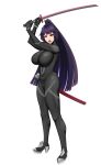  1girl absurdres arms_up black_bodysuit bodysuit breasts covered_navel from_side hair_ornament high_heels highres holding holding_sword holding_weapon huge_breasts impossible_bodysuit impossible_clothes katana long_hair looking_at_viewer open_mouth original platform_footwear platform_heels purple_hair red_eyes ryoko_yamaguchi ryu_seung scabbard sheath simple_background skin_tight solo star_(symbol) star_hair_ornament sword teeth two-handed upper_teeth very_long_hair weapon wristband 