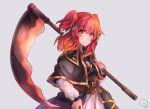  1girl belt black_capelet blue_kimono breasts capelet holding holding_scythe japanese_clothes kimono medium_hair onozuka_komachi red_hair scythe touhou twintails yamadori_ofuu 