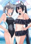  2girls agape_il animal_ear_fluff animal_ears bangs bikini black_bikini black_hair black_one-piece_swimsuit blue_archive blue_eyes blue_ribbon blue_sky breasts cat_ears cloud commentary_request competition_swimsuit covered_nipples cross_hair_ornament day extra_ears frilled_bikini frills grey_hair hair_between_eyes hair_ornament hair_ribbon halo hand_on_hip highres legs_together long_hair looking_at_viewer medium_breasts medium_hair multiple_girls navel one-piece_swimsuit open_mouth outdoors ponytail red_eyes ribbon serika_(blue_archive) shiroko_(blue_archive) shiroko_(swimsuit)_(blue_archive) sky standing swimsuit twintails very_long_hair water wet 
