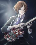  1boy bangs belt black_background black_jacket brown_eyes brown_hair dress_shirt guitar highres instrument jacket light_rays looking_at_object male_focus music necktie parted_bangs parted_lips persona persona_2 playing_instrument purple_necktie school_uniform seven_sisters_high_school_uniform shirt short_hair sleeves_rolled_up smile suou_tatsuya tori_(bromaticbrotrap) white_shirt 